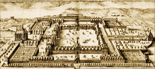 Dessin de Claude Chastillon montrant l'hôpital Saint-Louis (dont il fut l‘un des deux architectes), tout juste construit, en 1608. A l'arrière-plan, ce qui deviendra notre butte Bergeyre couronnée de cinq moulins. Bibliothèque nationale Gallica.